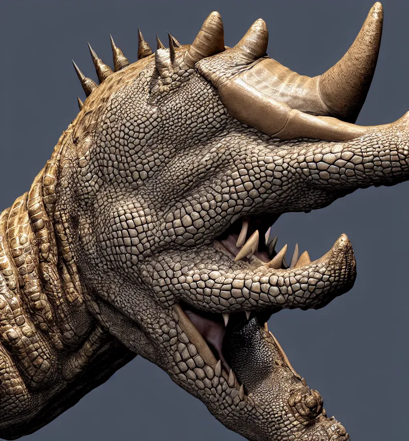 Image similar to nancy pelosi creature setting all : crocodile head : : 0. 5 the head has a symmetrical horn and tumor, and there is a rhino horn at the front of the beak, and the mouth is open to reveal a mouth full of fangs with huge wings, full body rich detail realistic photoreal photorealistic octane render 8 k