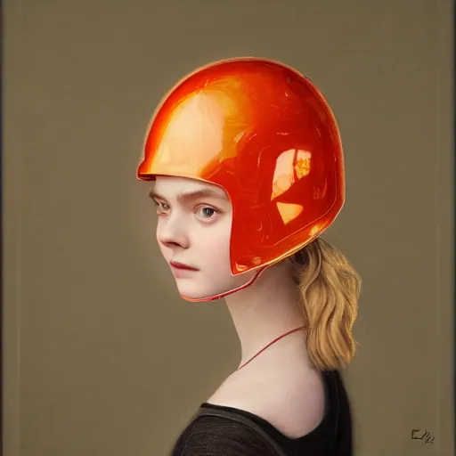 Prompt: portrait of a elle fanning wearing a translucent blood orange helmet with rays of light shining through it, detailed realism face in painting, detailed beautiful portrait, oil painting masterpiece, 8 k resolution, smooth, sharp focus, trending on artstation, by rembrandt