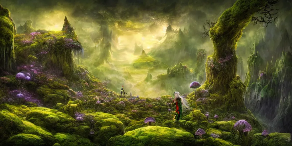 Image similar to surreal fairyland scenery landscape, lord of the rings, aurora borealis, mist, monoliths, flowers, mushroom structures, moss highly detailed, vivid color, perfect lighting, perfect composition, 8 k, brian froud, artgerm, derek zabrocki, greg rutkowski