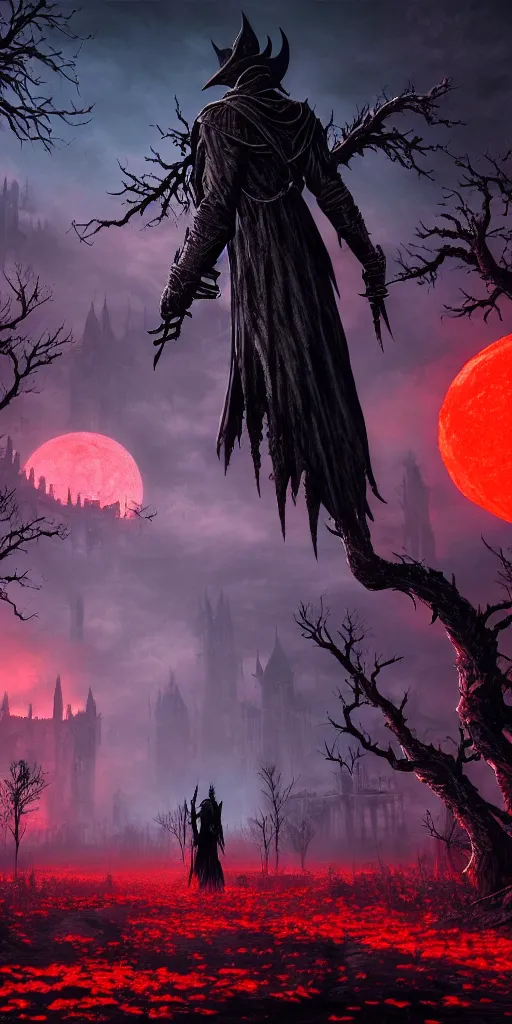 Prompt: populated bloodborne old valley with a dark person at the centre and a ruined gothic city in the background, trees and stars in the background, falling red petals, epic red - orange moonlight, perfect lightning, wallpaper illustration by niko delort and kentaro miura, 4 k, ultra realistic
