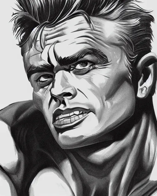 Image similar to james dean as the incredible hulk, portrait profile head and shoulders focus. muscular, gaunt, strong, strikung, handsome detailed, chiseled. fantasy illustration, comic book concept art, dynamic lighting, ultra detailed!