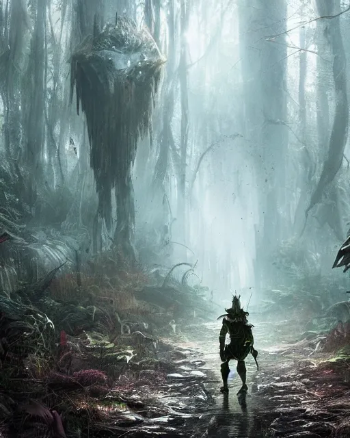 Prompt: a strong knight is walking towards a horrific monster in a densely overgrown, eerie jungle, fantasy, stopped in time, dreamlike light incidence, ultra realistic, award winning picture