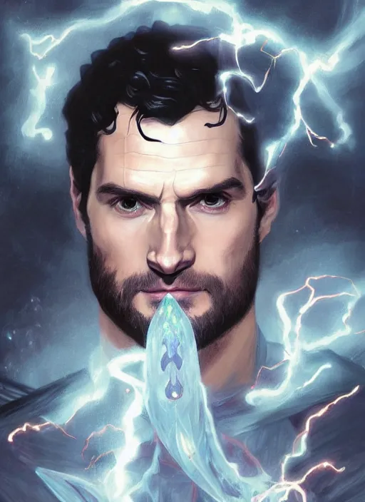 Prompt: close-up of character concept portrait of Henry Cavill conjuring a violent void multiversal chidori, a floating iridescent lightning dragon from God of War in the center, intricate, elegant, luxurious, digital painting, concept art, smooth, sharp focus, illustration, by WLOP and Ruan Jia and Mandy Jurgens and William-Adolphe Bouguereau, Artgerm