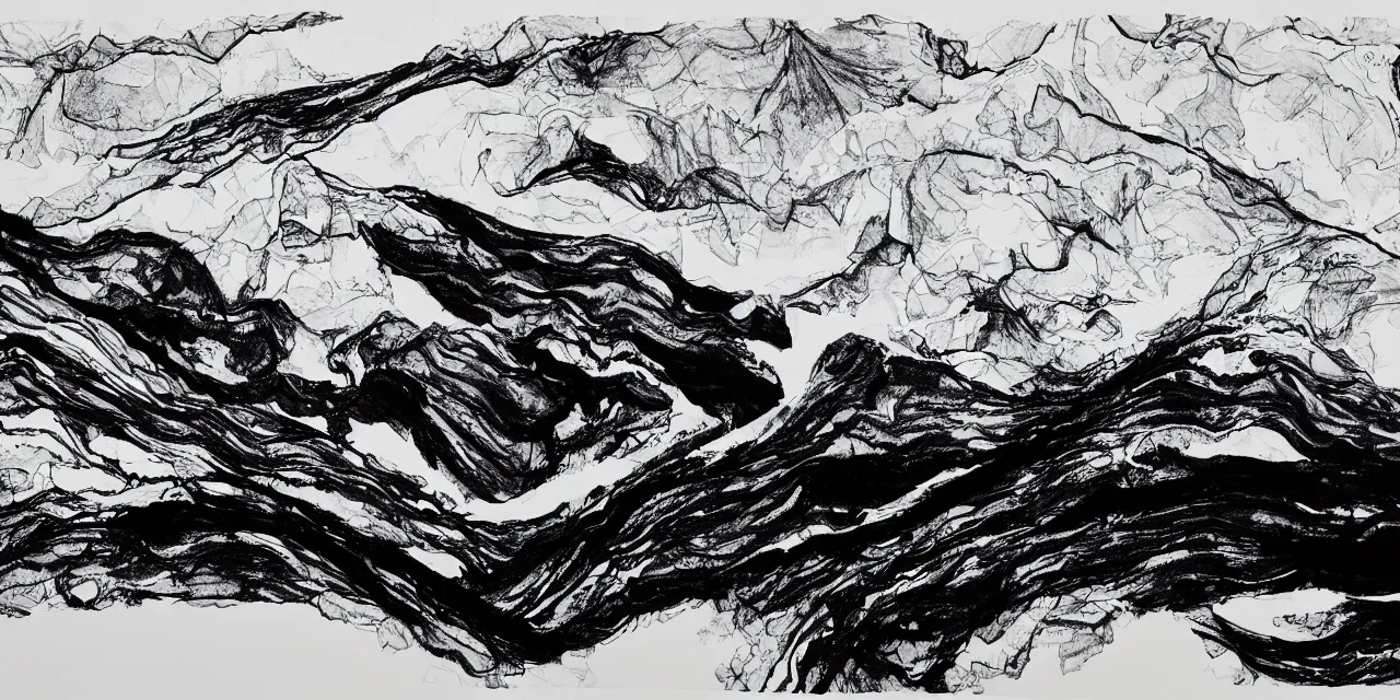 Image similar to laurentian appalachian mountains during winter, semiabstract black ink landscape artwork