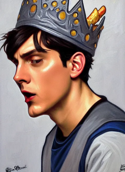 Image similar to oil painting, jughead jones wears a grey crown, and devours a hamburger, intricate, elegant, highly detailed, lighting, painting, artstation, smooth, illustration, art by greg rutowski and alphonse mucha