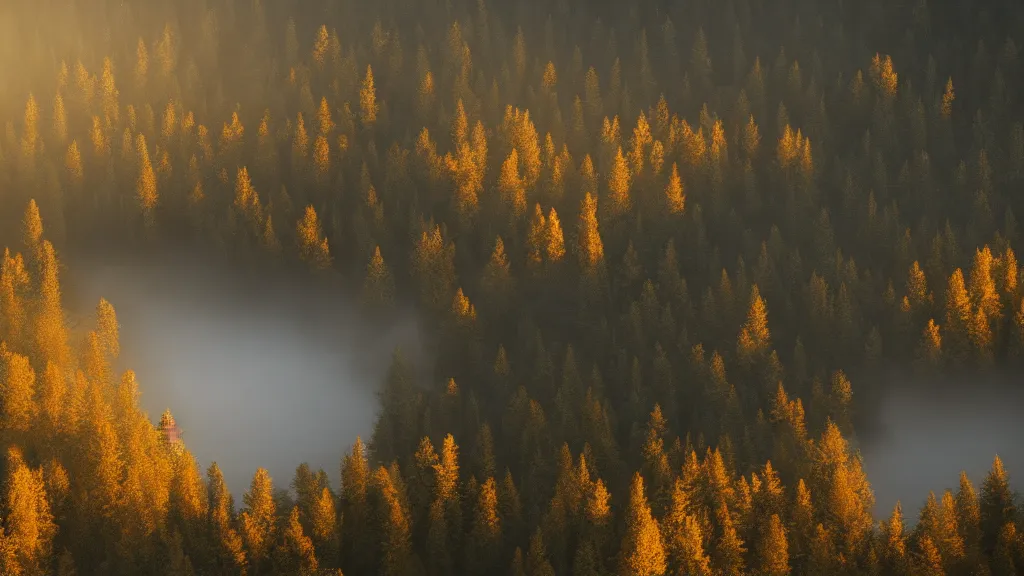 Prompt: beautiful view of a forest from a mountain, river, mountain in the background, misty, golden hour, trending on Artstation, octane render, unreal engine, visually stunning, award winning