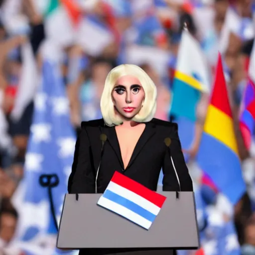 Image similar to Lady Gaga as president, Argentina presidential rally, Argentine flags behind, bokeh, giving a speech, detailed face, Argentina