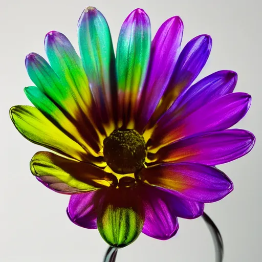 Prompt: An ultra high definition studio photograph of an alien flower that is ((wilting)) in a simple vase on a plinth. The flower is multicoloured iridescent. High contrast, key light, 70mm.