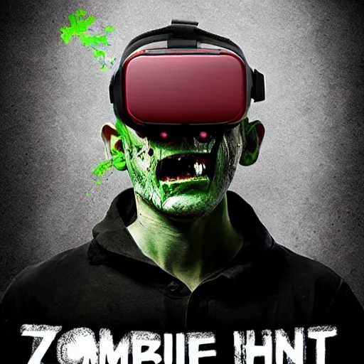 Image similar to zombie wearing vr, movie poster, text reads zombie