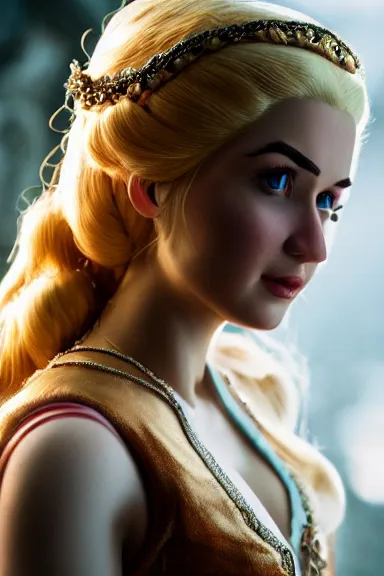 Image similar to very very intricate photorealistic photo of a realistic human version of princess peach in an episode of game of thrones, photo is in focus with detailed atmospheric lighting, award - winning details