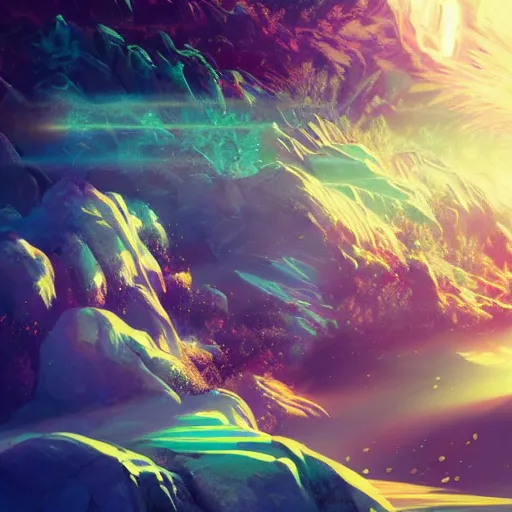 Image similar to Quantum ghostwave entanglement, intricate, elegant, fantasy, highly detailed, digital painting, concept art, sharp focus, illustration, beautiful volumetric lighting, epic light, artstation, magic hour lighting, colorful, sunshine, springtime, art by Sylvain Sarrailh