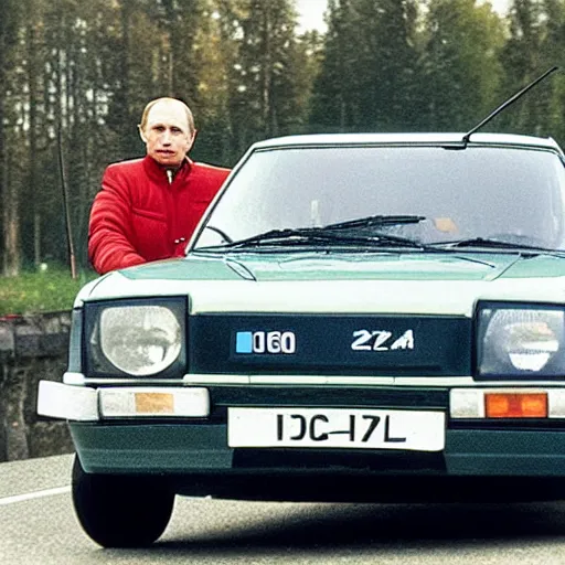 Prompt: Vladimir Putin is driving a VAZ 2106 car, high definition photo