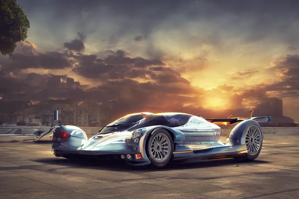 Image similar to Futuristic Hover Car Le Mans Races In Italy Circa Year 10,0000 Designed by Syd Mead and Pininfarina, beautiful sunset, photorealistic, hyperrealistic, octane render, HDR, IG Studios Anime Style