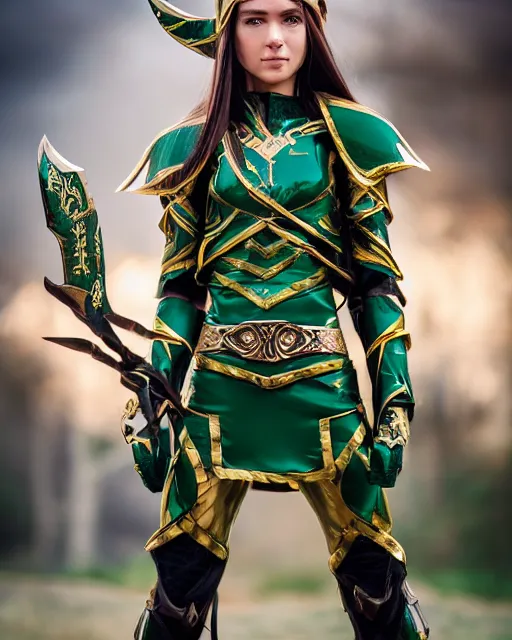 Image similar to a beautiful elf ranger with long hair and green eyes, no helmet, wearing green and gold futuristic mecha armor, with ornate rune carvings and glowing lining, very detailed, shot in canon 50mm f/1.2