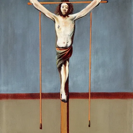 Image similar to francis bacon painting, figures at the base of a crucifixion, boris johnson