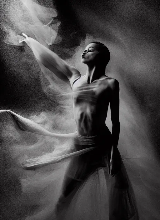 Image similar to a Photorealistic dramatic hyperrealistic render of a glamorous beautiful Female smoke dancer by Ken Brower and Deborah Ory of NYC Dance project,Lois Greenfield,Flowing cloth and smoke,Beautiful dynamic dramatic dark moody lighting,volumetric,shadows,cinematic atmosphere,Octane render,8K