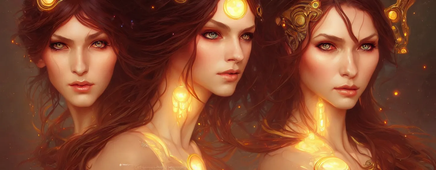 Image similar to fantasy magic woman portrait, sci-fi, amber eyes, face, long hair, fantasy, intricate, elegant, highly detailed, digital painting, artstation, concept art, smooth, sharp focus, illustration, art by artgerm and greg rutkowski and alphonse mucha