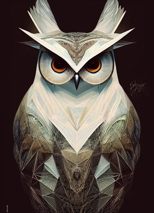 Image similar to portrait of a geometric owl, identical eyes, medium shot, illustration, full body made of white feathers, symmetrical, art stand, super detailed, cinematic lighting, and its detailed and intricate, gorgeous, by peter mohrbacher