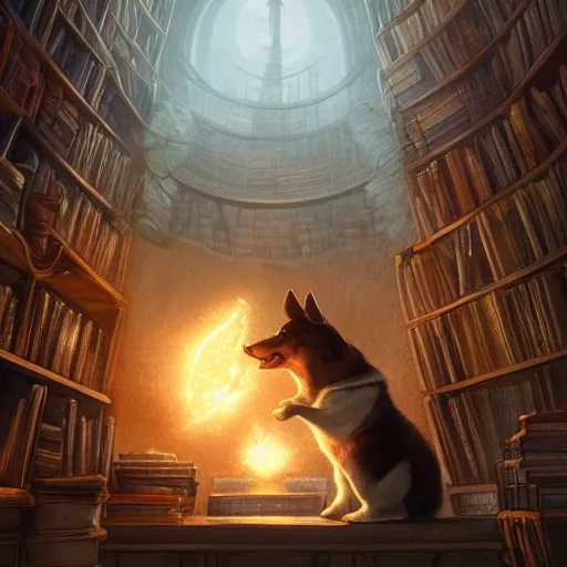 Prompt: highly detailed digital illustration of a corgi thaumaturgist in an arcane library, d & d character art, fantasy, magical, hyperrealistic, glowing, greg rutkowski, trending on artstation