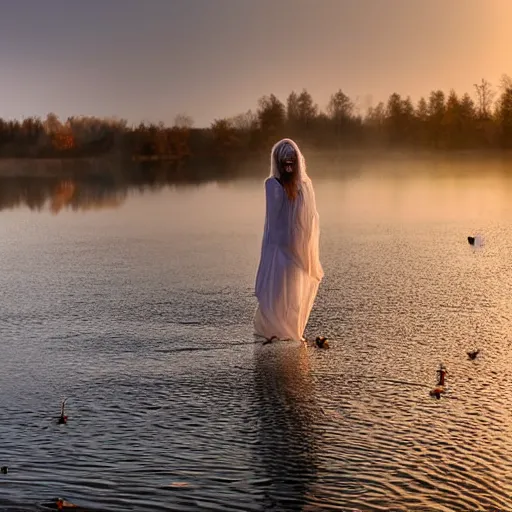 Prompt: a soaking wet ghostly woman in a white dress dancing in a quiet misty lake, high resolution photograph, late autumn, sunset, eerie light