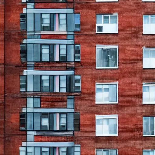 Image similar to a woman's hair grows from all the windows and doors of large apartment building, the hair reaches the ground, rendered