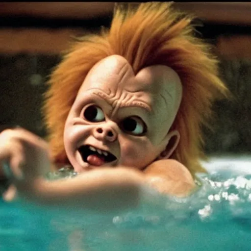 Image similar to chucky as a cool pool champ, movie still