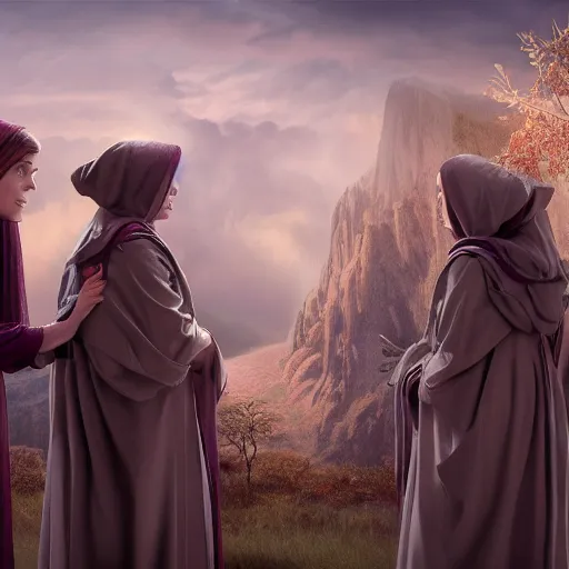 Prompt: 3 sisters of the congregation open the gift of god, highly detailed, CGSociety, postprocessing, photorealistic, matte painting, 8k