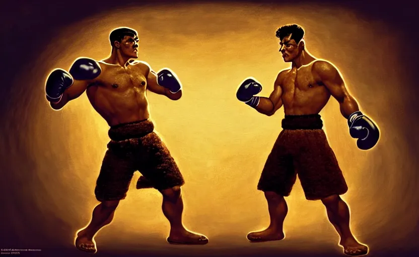 Prompt: a boxer made completely out of toast and bread ; magic : the gathering fantasy character concept art by frank frazetta and marco bucci, high resolution. boxing ring in the background, dramatic stadium lighting, fantasy coloring, intricate, digital painting, artstation, smooth, sharp focus