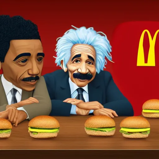 Image similar to Einstein and Obama sitting at McDonalds, ultra detailed, photorealistic, dramatic lighting