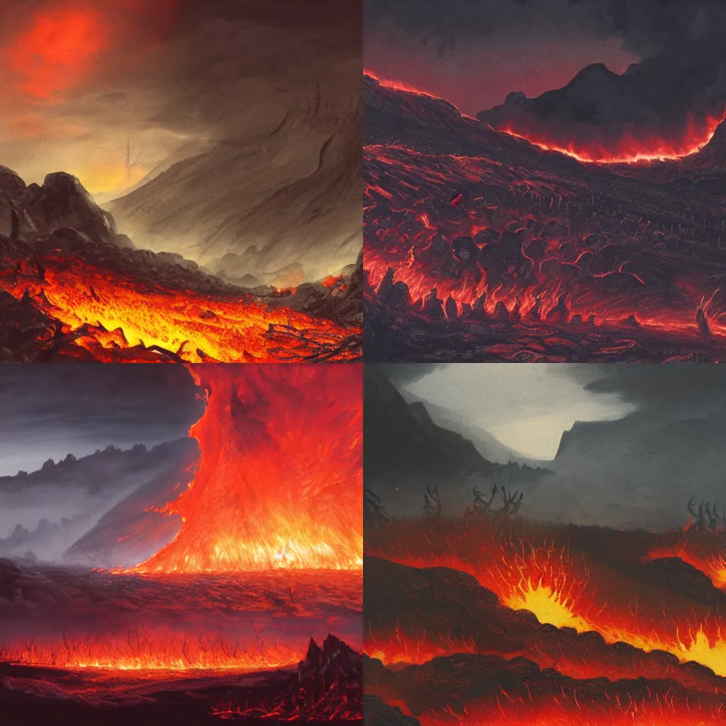 Prompt: Dead landscape, fire and lava, black volcano, rugged black clouds, ash in the sky, army of orcs gathering below, fantasy book illustration