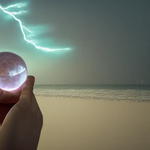 Image similar to a hand holding a crystal ball, in the crystal ball there are two frog warriors sitting on the beach, cinematic lightning, 8 k, octane render, matte painting, trending artstation