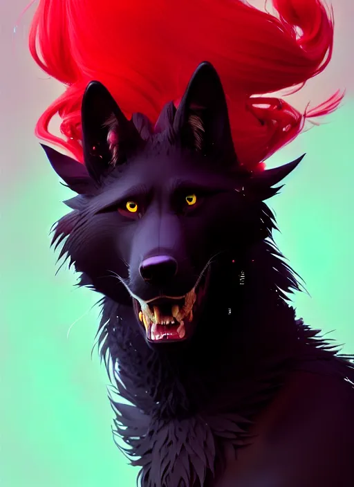 Image similar to beautiful headshot portrait of a black male anthropomorphic black wolf fursona long red hair. character design by cory loftis, fenghua zhong, ryohei hase, ismail inceoglu and ruan jia. artstation, volumetric light, highly detailed, photorealistic, fantasy, rendered in octane