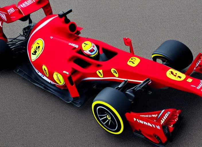 Image similar to live action photo of the 2 0 2 1 f 1 ferrari car, with clown sponsorship, 8 k, hdr, sports photography