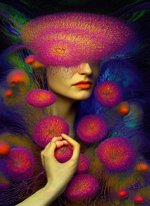 Image similar to hyper detailed 3d render like a Oil painting - Aurora (Singer) seen Eating of the Strangling network of yellowcake aerochrome and milky Fruit and Her delicate Hands hold of gossamer polyp blossoms bring iridescent fungal flowers whose spores black the foolish stars by Jacek Yerka, Mariusz Lewandowski, Houdini algorithmic generative render, Abstract brush strokes, Masterpiece, Edward Hopper and James Gilleard, Zdzislaw Beksinski, Mark Ryden, Wolfgang Lettl, hints of Yayoi Kasuma, octane render, 8k