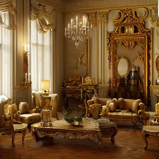 Image similar to cosy barock room full of ornament furniture, 8 k, trending on artstation