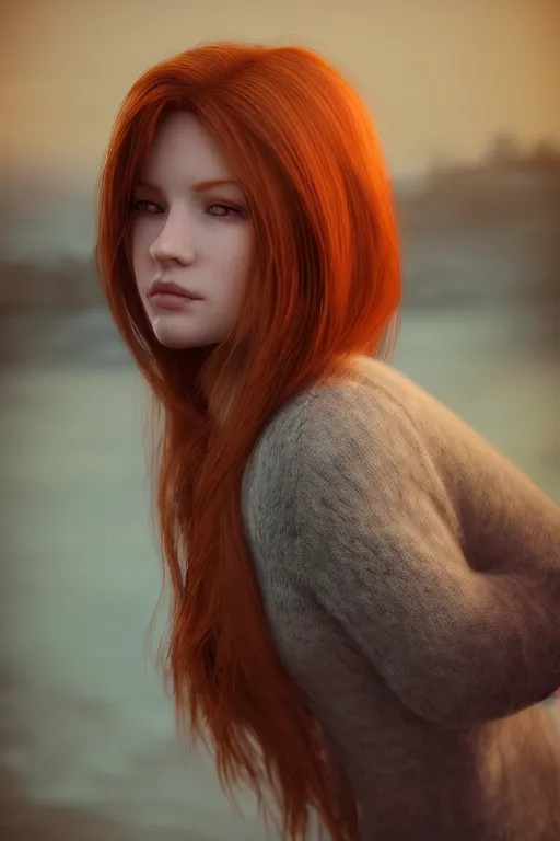 Prompt: hyperrealistic portrait of stunningly beautiful redhead girl in a dawn light, trending on artstation,ultrawide angle, f8, polarizer , unreal engine