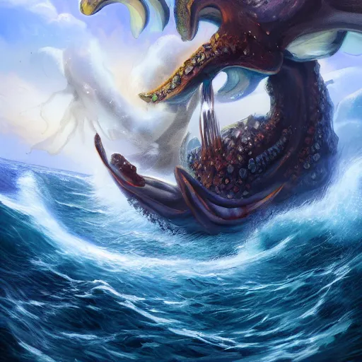 Prompt: digital artwork of a wonderful an big galion attacked by a giant octopus, ocean. d & d, illustration, realism, trending on artstation