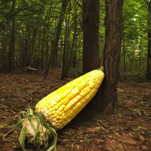 Prompt: giant corn on the cob, caught on nighttime trail cam footage