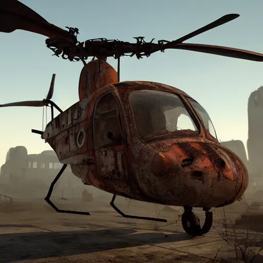 Image similar to apocalyptic, ruined town. rusted helicopter. volumetric lighting, sharp focus, ultra detailed, cgsociety - w 1 0 2 4 - n 8 - i