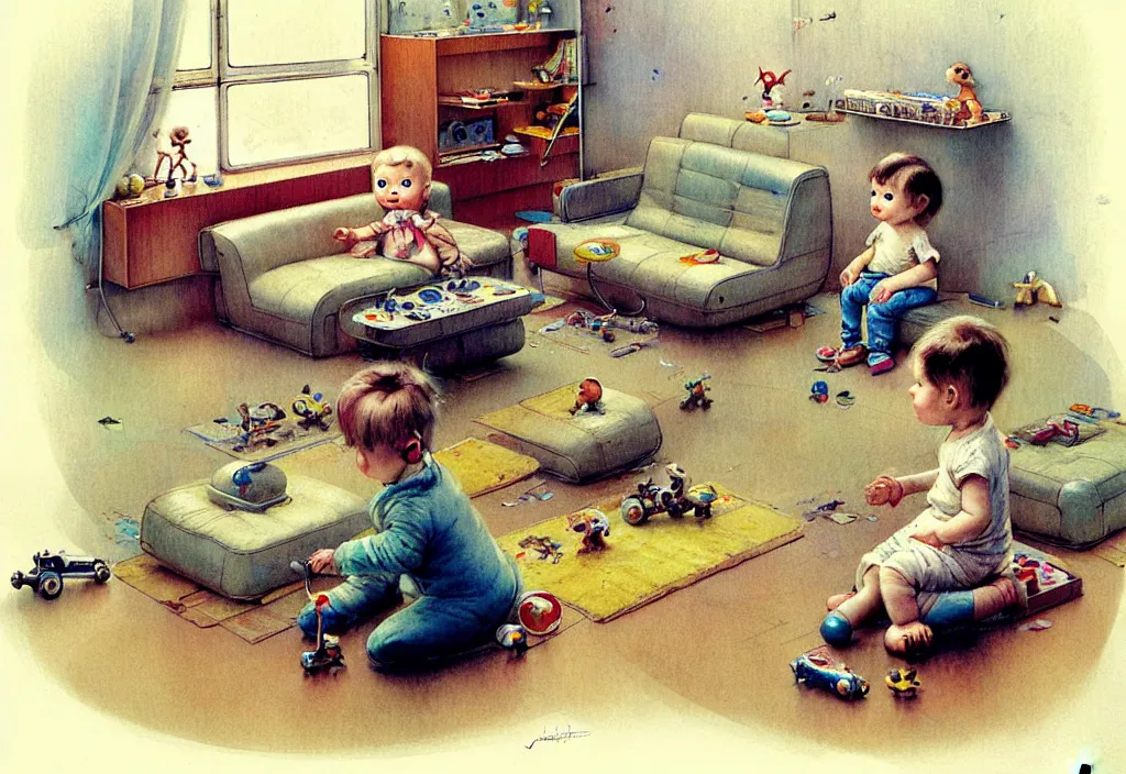 Prompt: toddler ( ( ( ( ( 1 9 5 0 retro futuristic living room. muted colors. toys laying around ) ) ) ) ) by jean baptiste monge