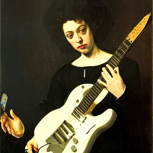 Prompt: St. Vincent playing electric guitar by Caravaggio