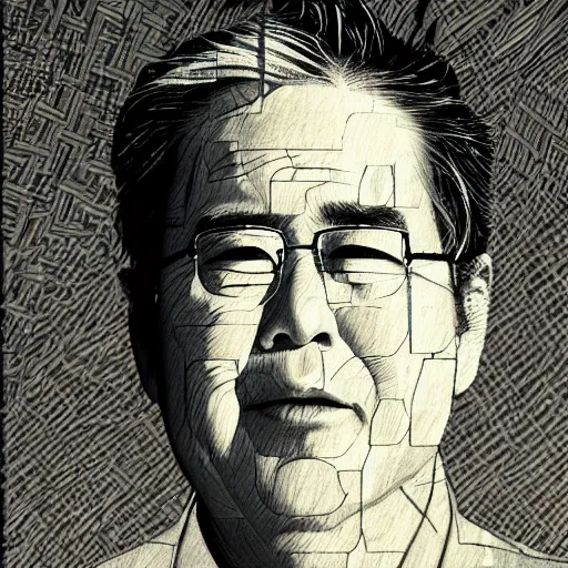 Prompt: Yoshitaka Amano realistic illustration of jeb bush ,hair fluttering in the wind, cracks on his face, square jaw, abstract black and white patterns on the background, noisy film grain effect, highly detailed, Renaissance oil painting, weird portrait angle, blurred lost edges, three quarter view