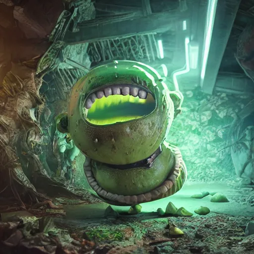 Image similar to full body pose, hyperrealistic photograph of pickle rick, dim volumetric lighting, 8 k, octane beautifully detailed render, extremely hyper detailed, intricate, epic composition, cinematic lighting, masterpiece, trending on artstation, very very detailed, stunning, hdr, smooth, sharp focus, high resolution, award, winning photo, dslr, 5 0 mm