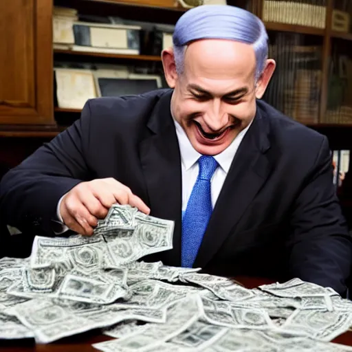 Image similar to benjamin netanyahu laughing maniacally counting piles of cash