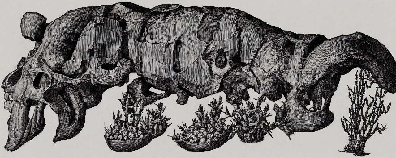 Prompt: Elaborate isometric wallpaper print of Giant Hippopotamus skull among the cactus of the Sonora Desert in the style of Albrecht Durer and Martin Schongauer, high contrast!! finely carved woodcut engraving black and white crisp edges