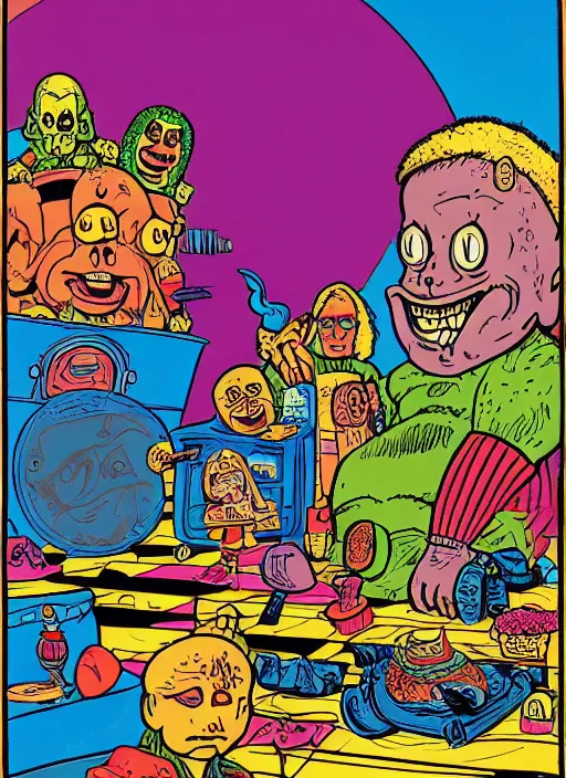 Prompt: dramatic color photo of dadcore occult wizards on vacation by basil wolverton by robert crumb by william eggleston in the style of a garbage pail kids card, play - doh, ultra realistic, concept art