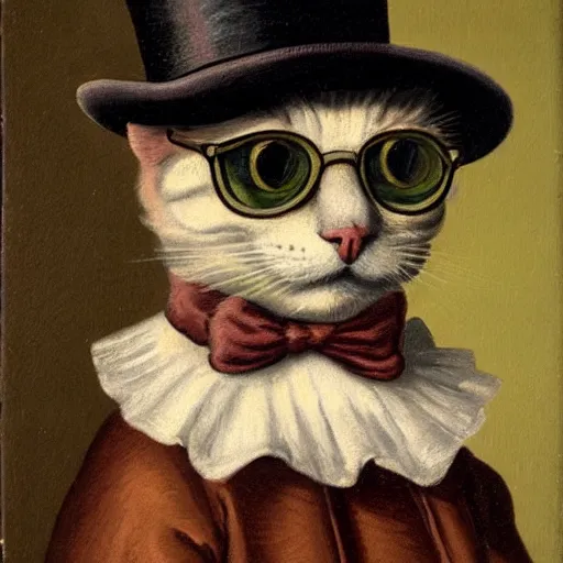Prompt: portrait of a tabby cat wearing a top hat and glasses, 1700s oil painting