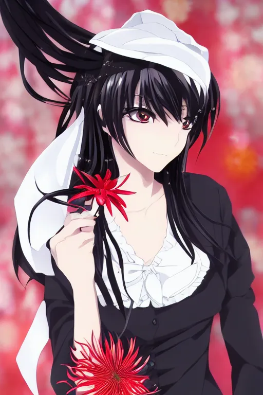 Image similar to Key anime visual of a beautiful girl with black hair and red eyes holding a spider lily; wearing white blouse with black tie; trending on Pixiv; digital art