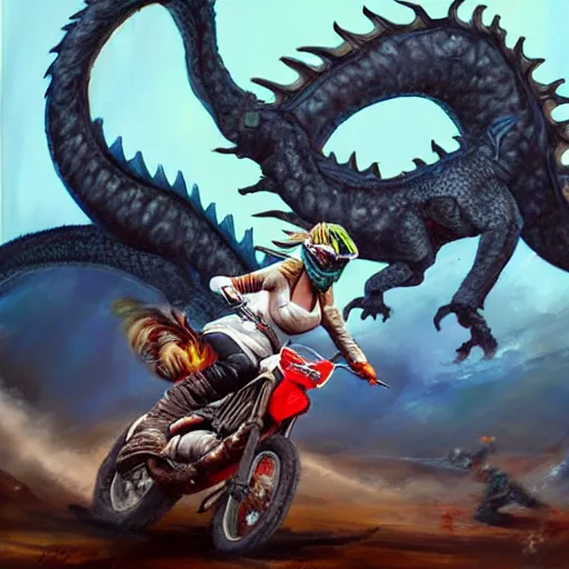 Image similar to a painting of a woman warrior riding a dirt bike in the middle of epic fantasy fight with a huge black dragon