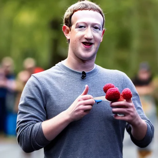 Prompt: photo of Mark Zuckerberg eating a raspberry